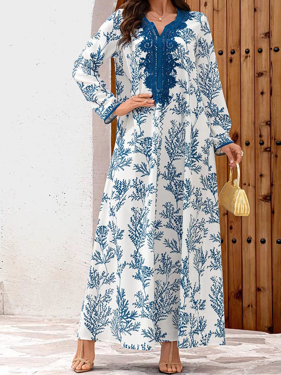 Elegant Floral Print Abaya Dress with Long Sleeves and Flowy Robe for Women Perfect for Prayer and Dubai Jilbab Style