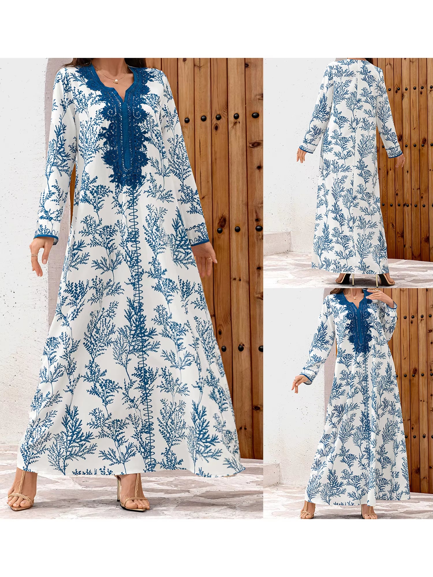 Elegant Floral Print Abaya Dress with Long Sleeves and Flowy Robe for Women Perfect for Prayer and Dubai Jilbab Style