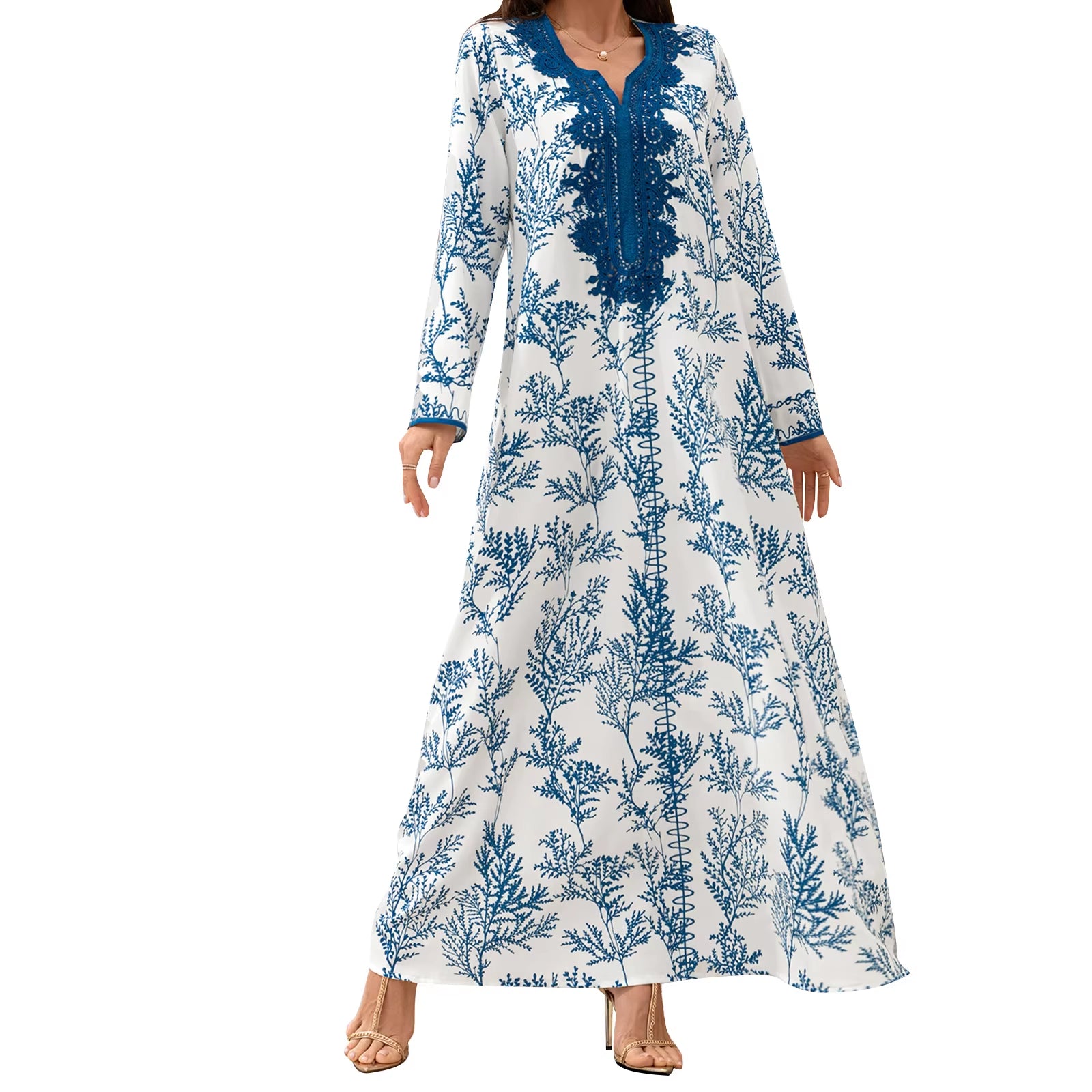 Elegant Floral Print Abaya Dress with Long Sleeves and Flowy Robe for Women Perfect for Prayer and Dubai Jilbab Style