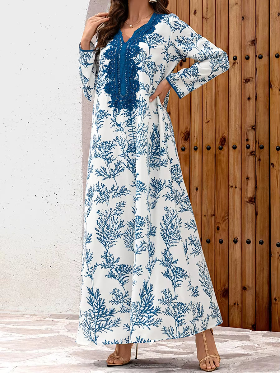 Elegant Floral Print Abaya Dress with Long Sleeves and Flowy Robe for Women Perfect for Prayer and Dubai Jilbab Style