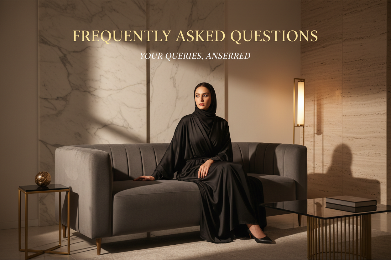FAQ BANNER WITH MODEL WEARING ABAYA THAT IS SITTING ON LUXURY COUCH OR STONE