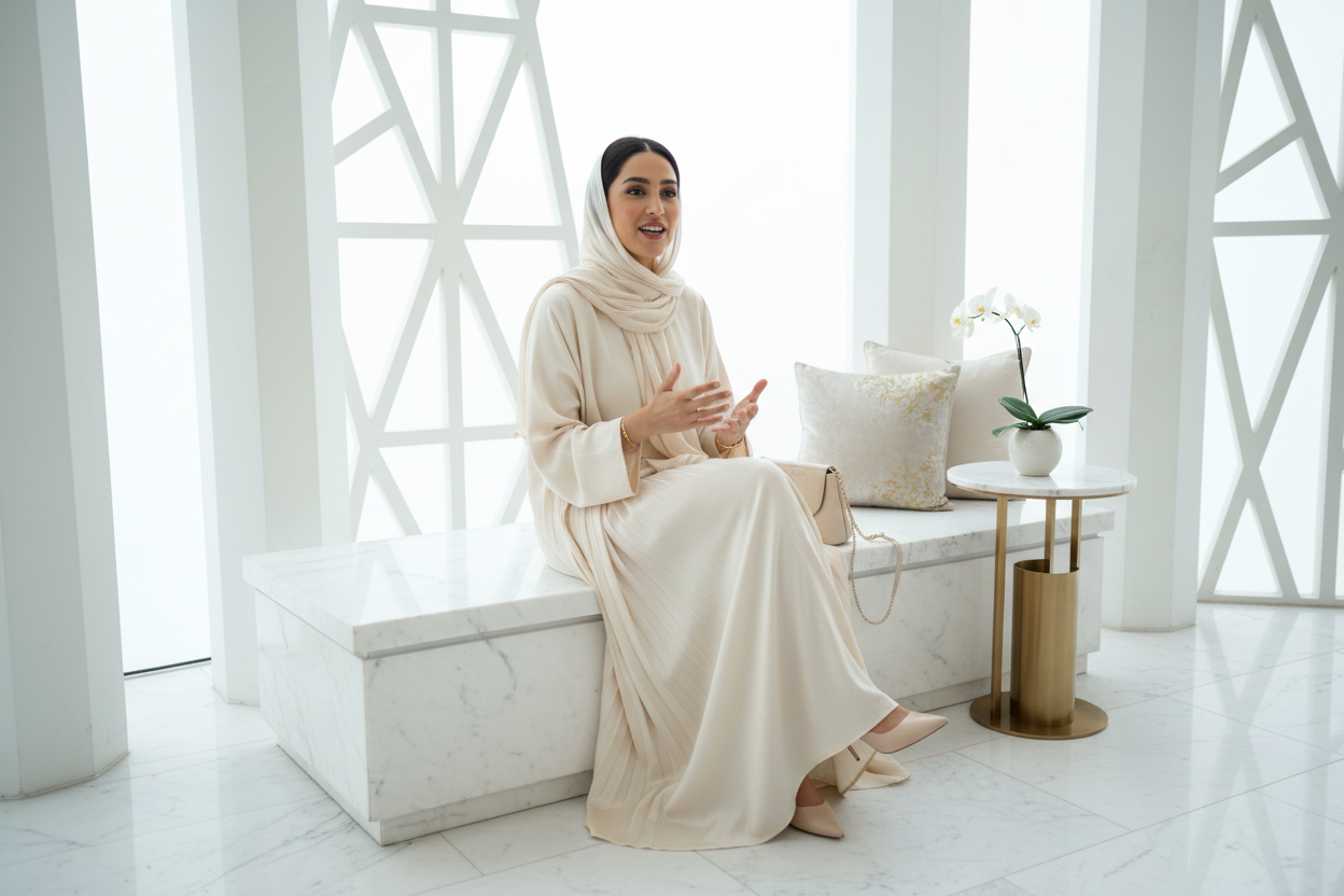 women sitting with abaya on luxury stone white colors and she is talking