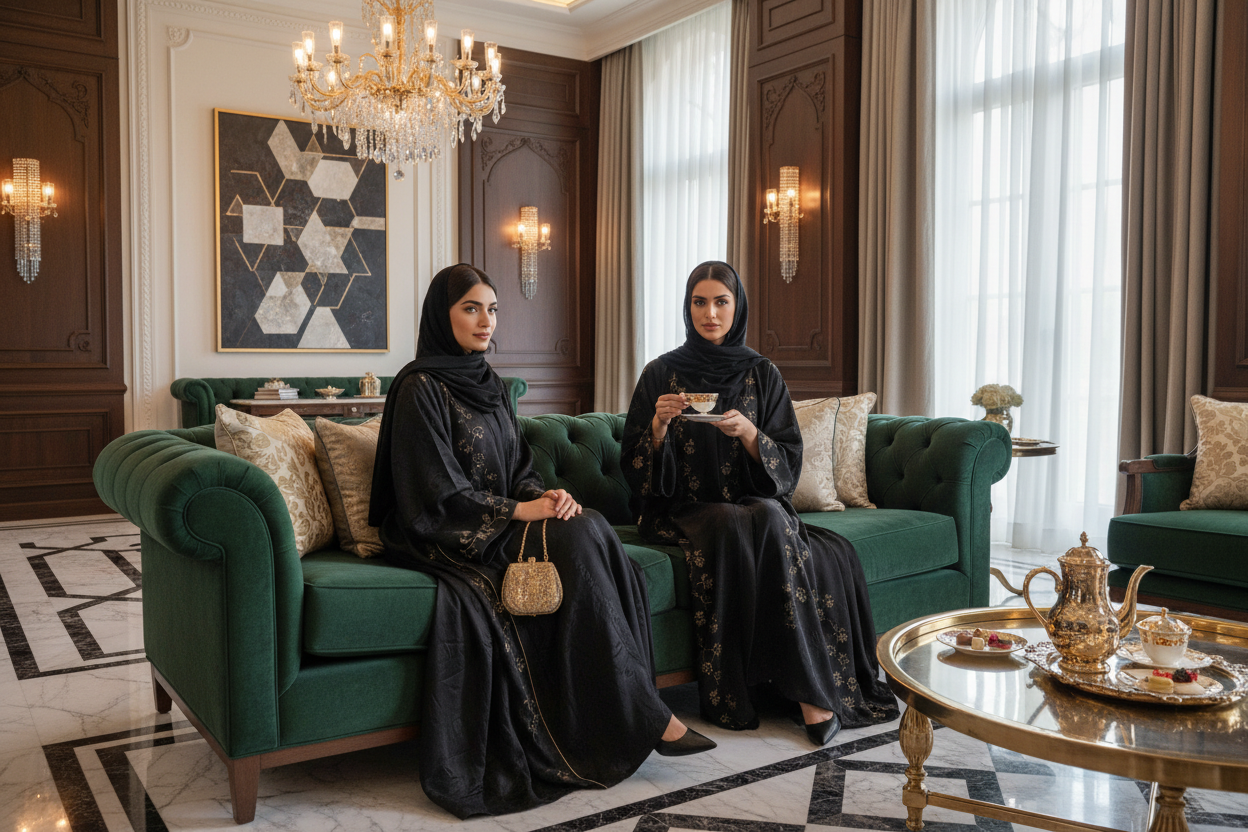 womens wearing abaya´s sitting on luxury couch